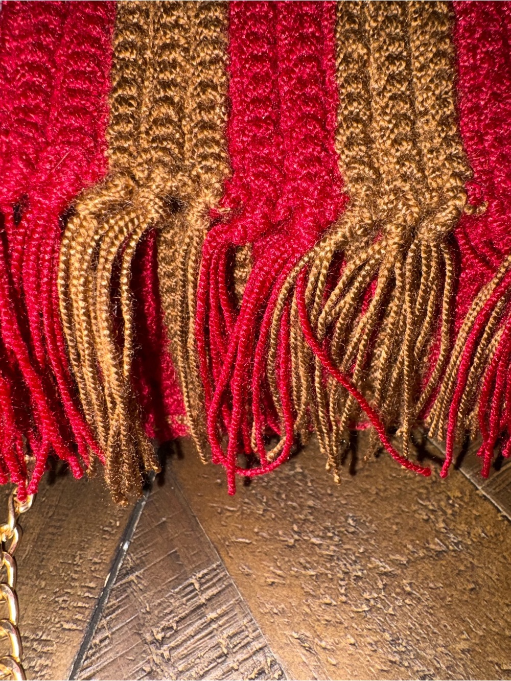 Striped Red and Brown Fringe Crossbody Bag with Gold Chain - Picture 6 of 6